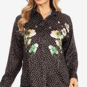 Zara Black Polka Dot Button-Down Shirt with Floral Accents